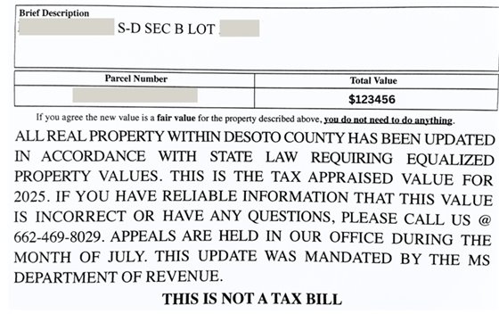 Back of Notice from DeSoto County Tax Assessor regarding changes to Property Taxes