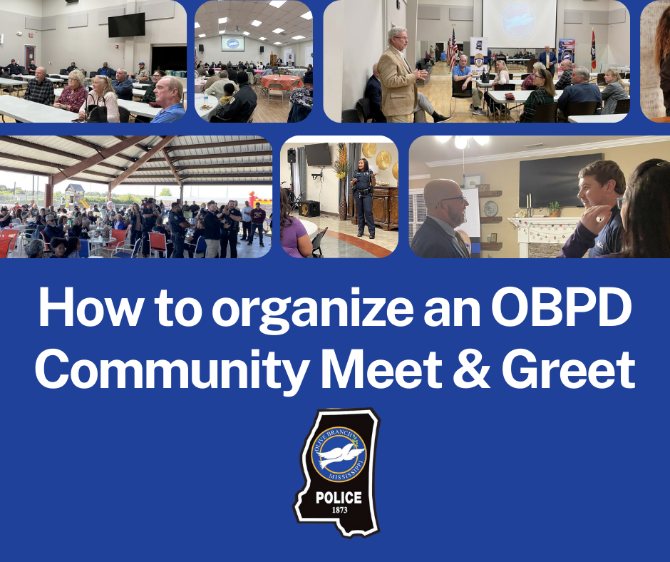 a graphic that has text that reads how to schedule a community meet and greet with the olive branch