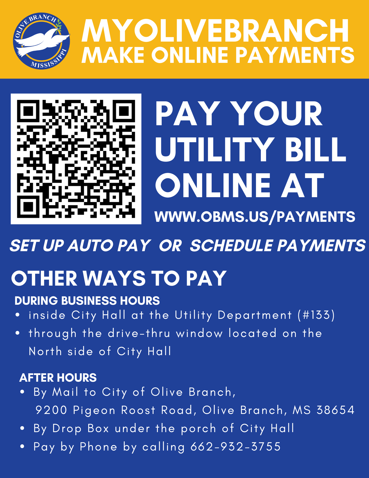 Here are all the ways to pay your utility bill with the City of Olive Branch.