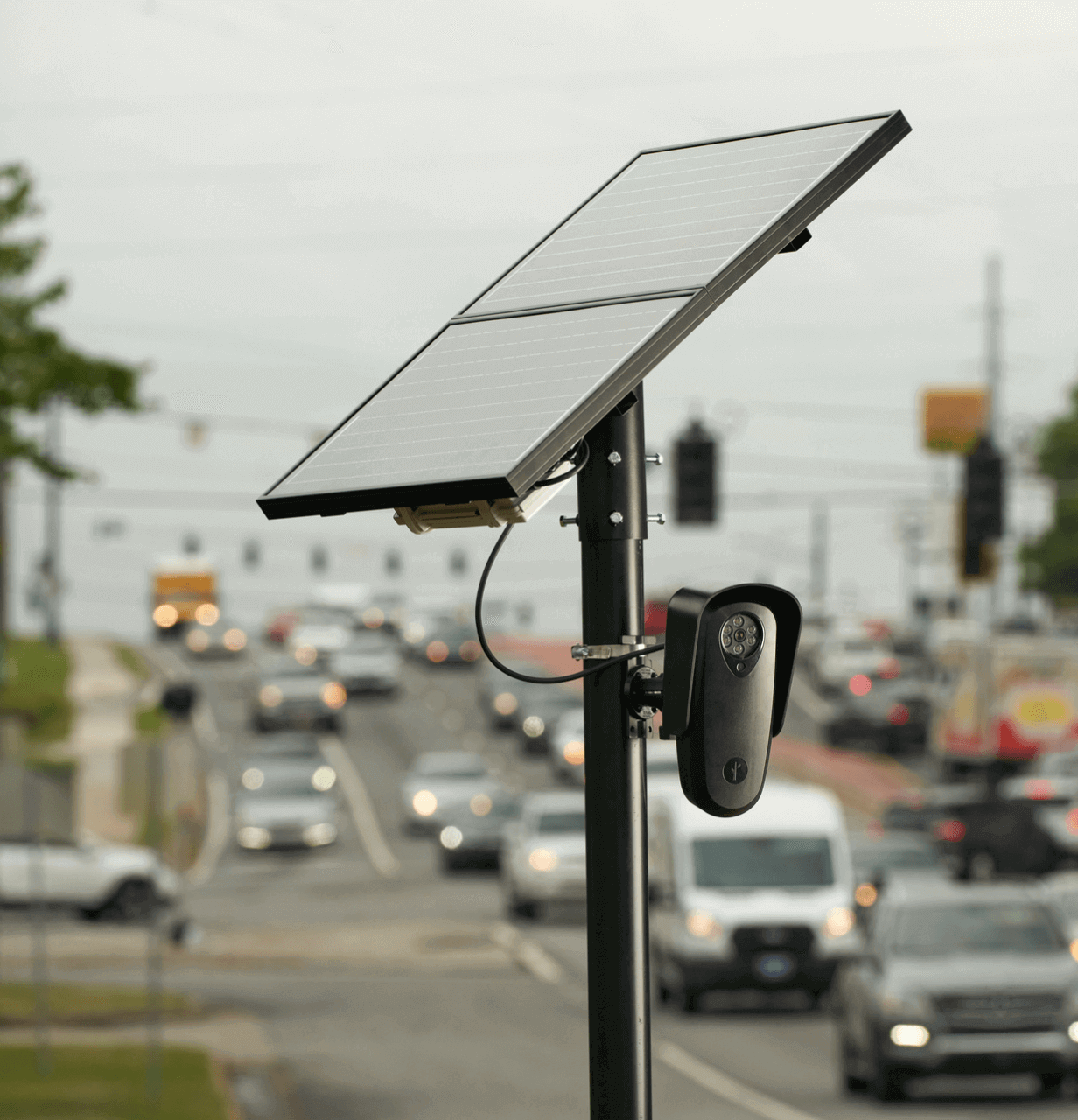 Flock camera is displayed in front of a city street